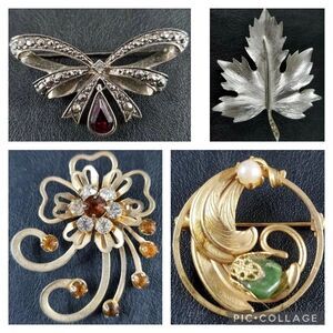 Vintage Brooch LOT OF 4  Floral, Maple Leaf Avon Bow Costume Jewelry